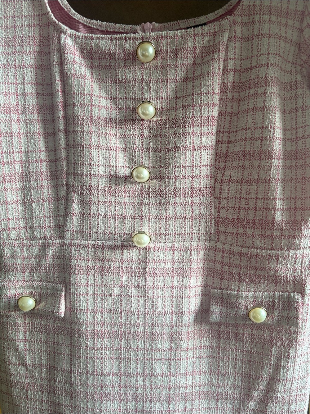 SHEIN Pink Plaid Puff-Sleeve Midi Dress with Pearl Buttons - Picture 2 of 8